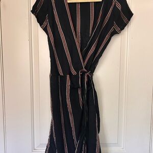 Lira Black Wrap Mini Dress with Red and Cream Stripes